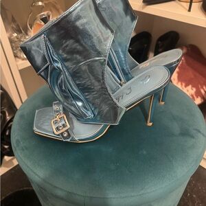 Cape Robbin Metallic Teal Open-Toe High Heel Mules